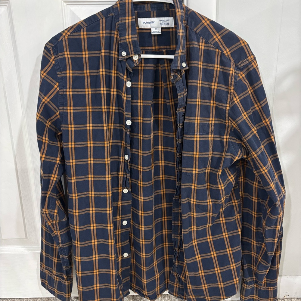 Old Navy Men's Dark Blue and Orange Checkered Shirt